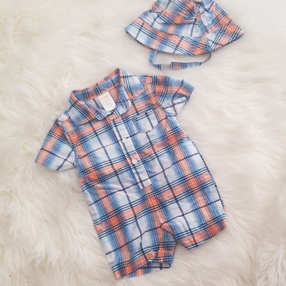 Baby boy romper with matching sun hat